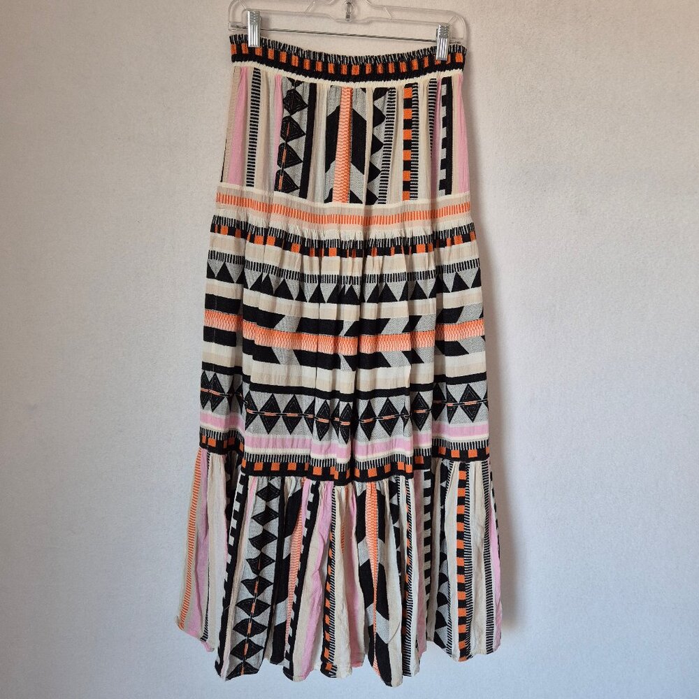 Devotion Twins Psarou Maxi Skirt Tiered Elastic Waist Black Orange Assorted - Picture 4 of 14